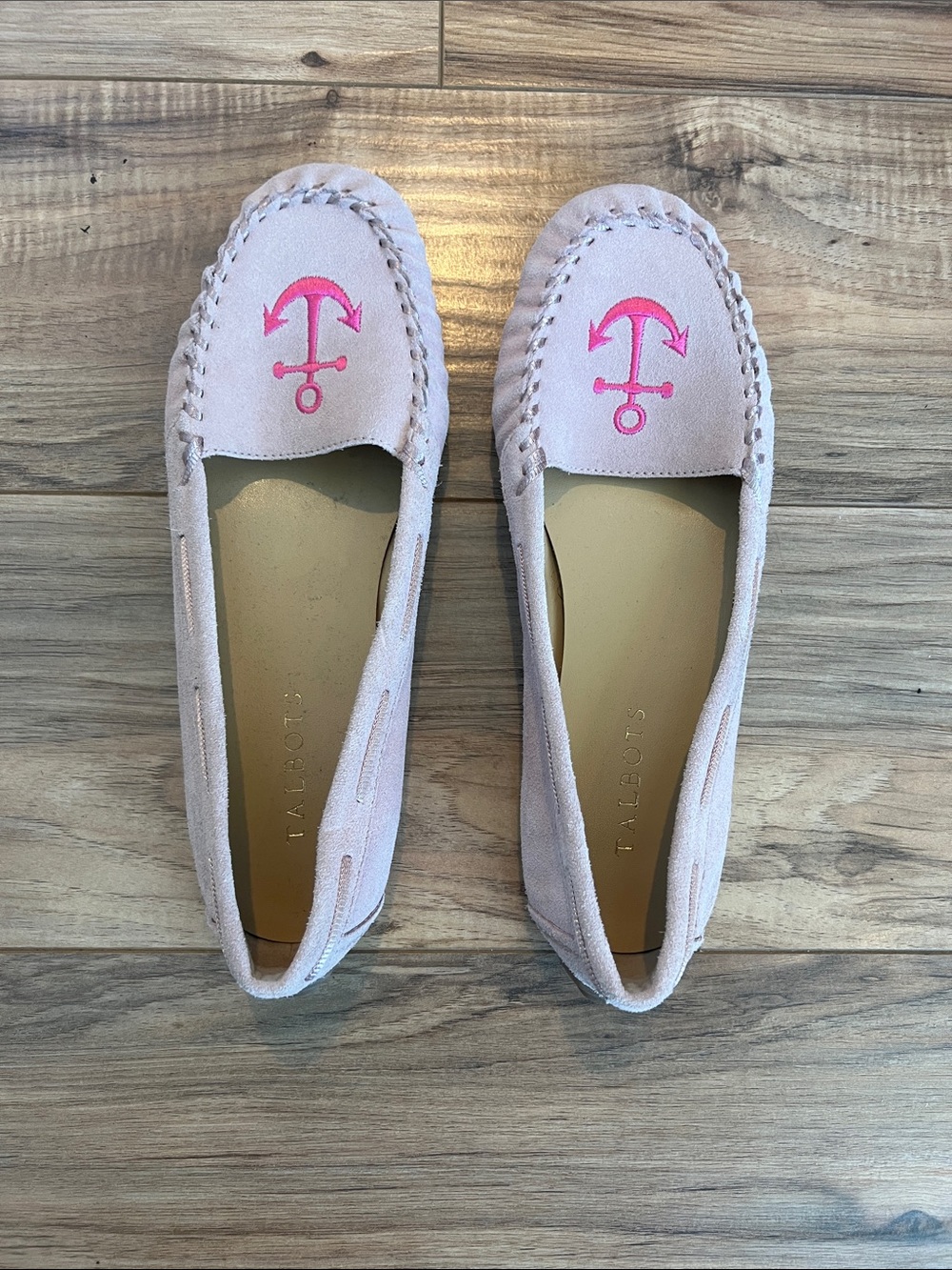 Talbots Pale Pink Suede Loafers with Pink Anchor Embroidery